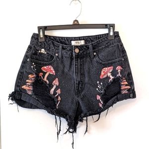 S'more Spooky Spores- Handpainted Mushrooms on Black Distressed Shorts